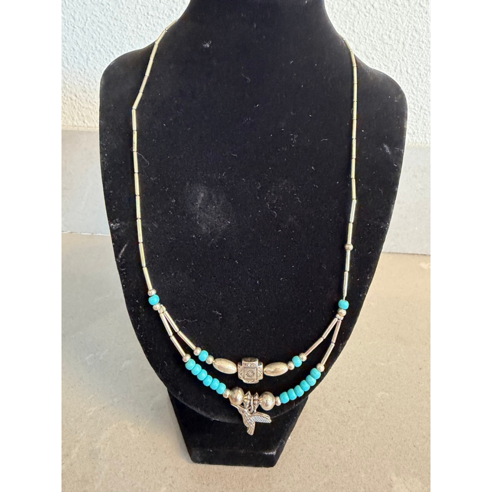 Southwestern Boho Turquoise Style Necklace Silver Tone Beaded Hummingbird Unmark